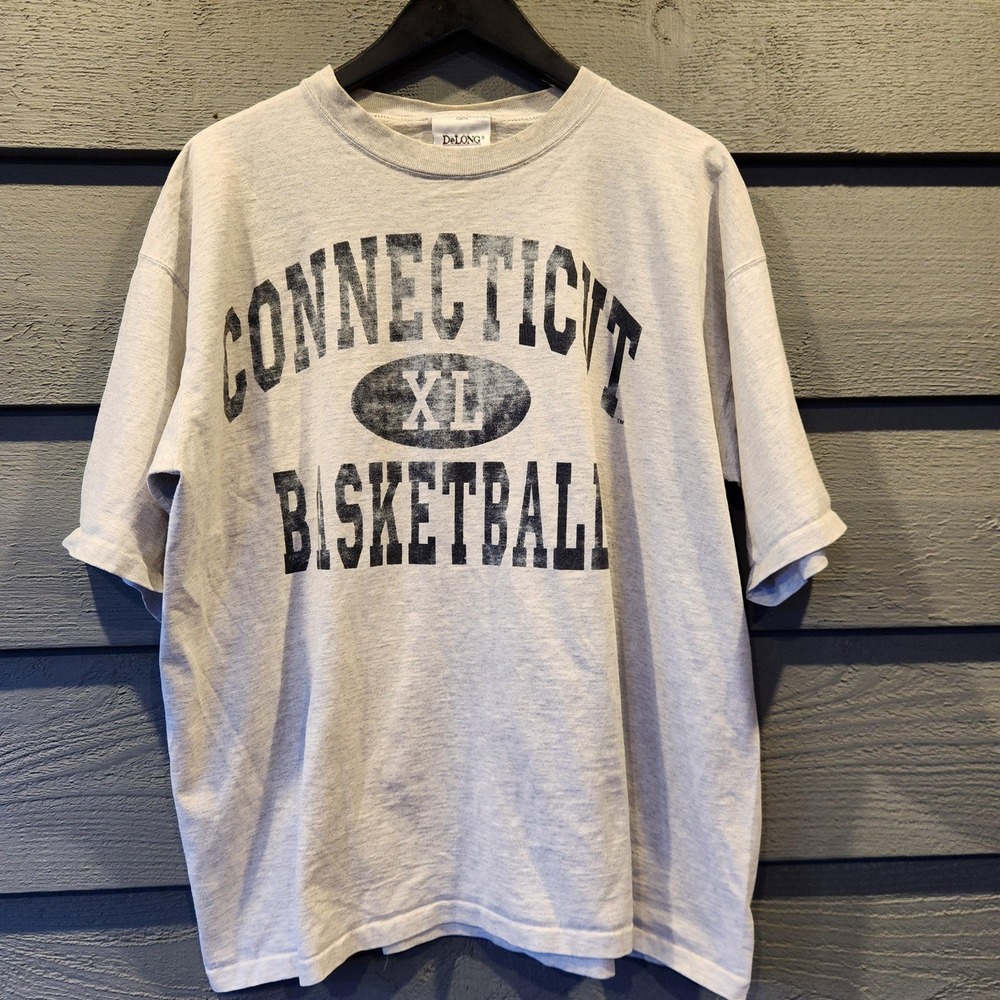 Vintage DeLong Connecticut Basketball Shirt Mens XL Gray Graphic Tee 90s USA